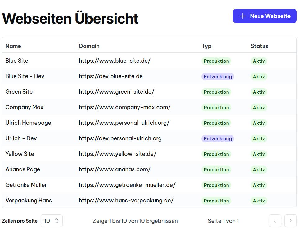 Dashboard mit Multi-Website-Übersicht und Teamzugriff