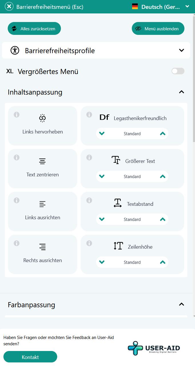 Widget-Einstellungen für Textgrößen